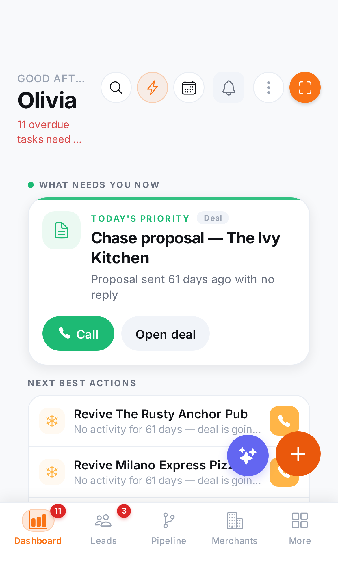 Closerr dashboard — today's tasks, schedule and pipeline at a glance
